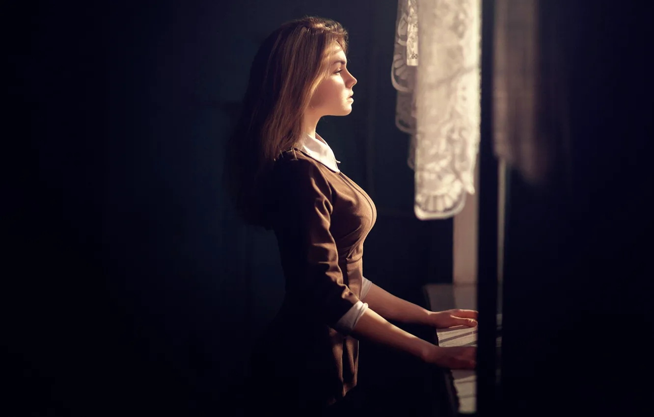 Photo wallpaper chest, girl, figure, window, profile, form