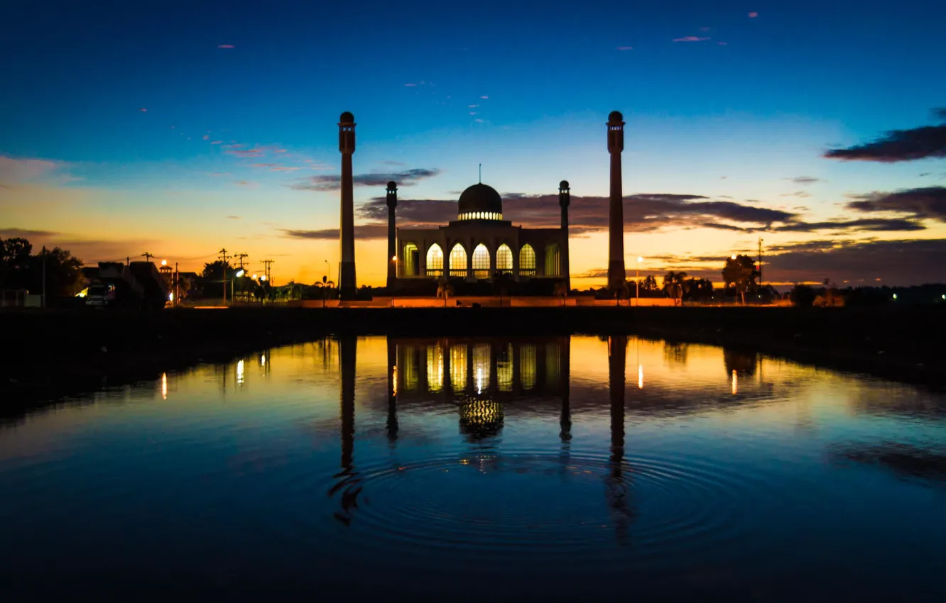 Photo wallpaper sunset, the city, building, fountain, mosque