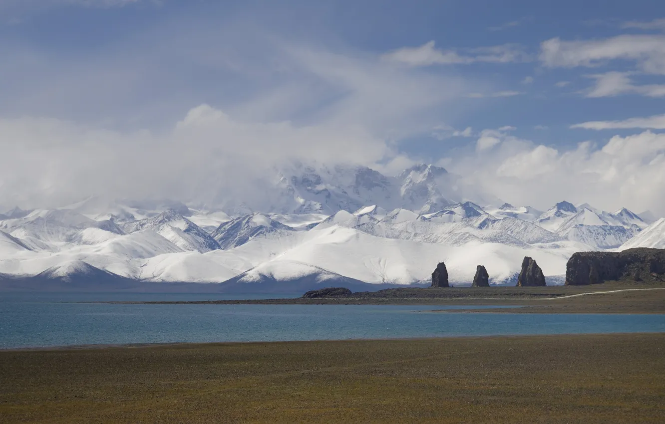 Photo wallpaper snow, mountains, shore, pond