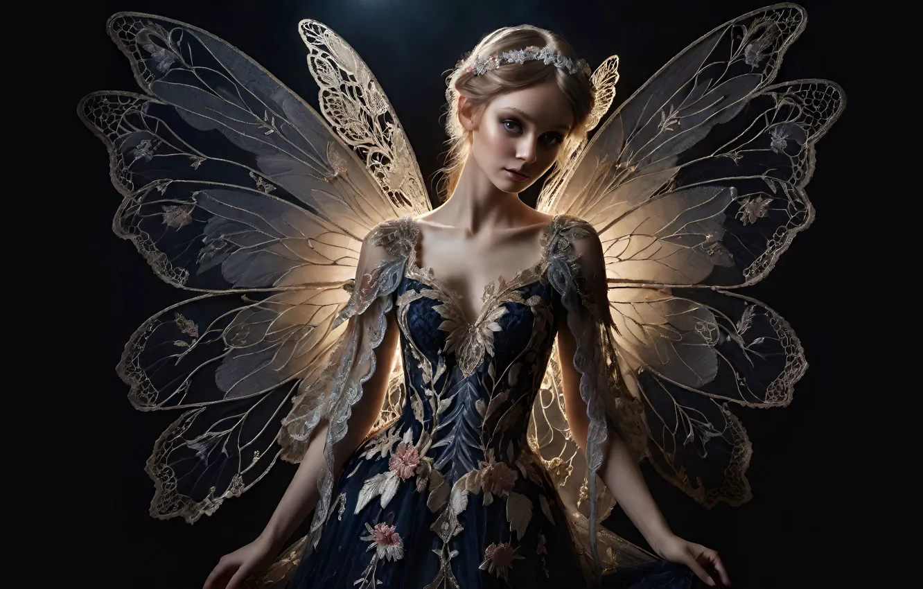 Photo wallpaper girl, butterfly, wings, black background, AI art, neural network