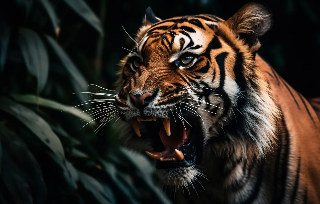 Photo wallpaper look, face, leaves, tiger, the dark background, portrait, mouth, fangs