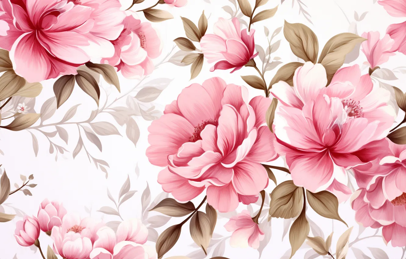 Photo wallpaper leaves, flowers, texture, spring, white background, pink, peonies, spring flowers