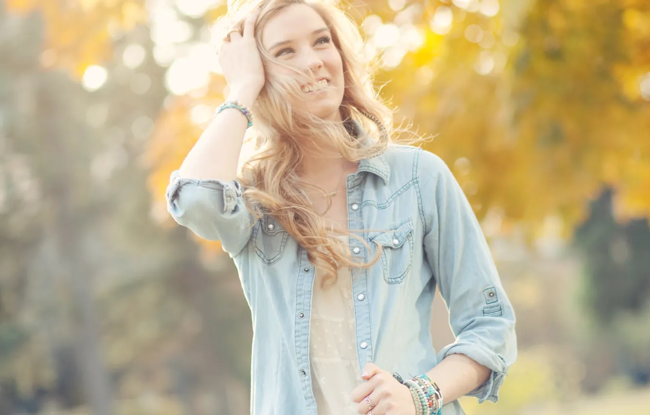 Photo wallpaper autumn, look, girl, blonde, shirt, LIV