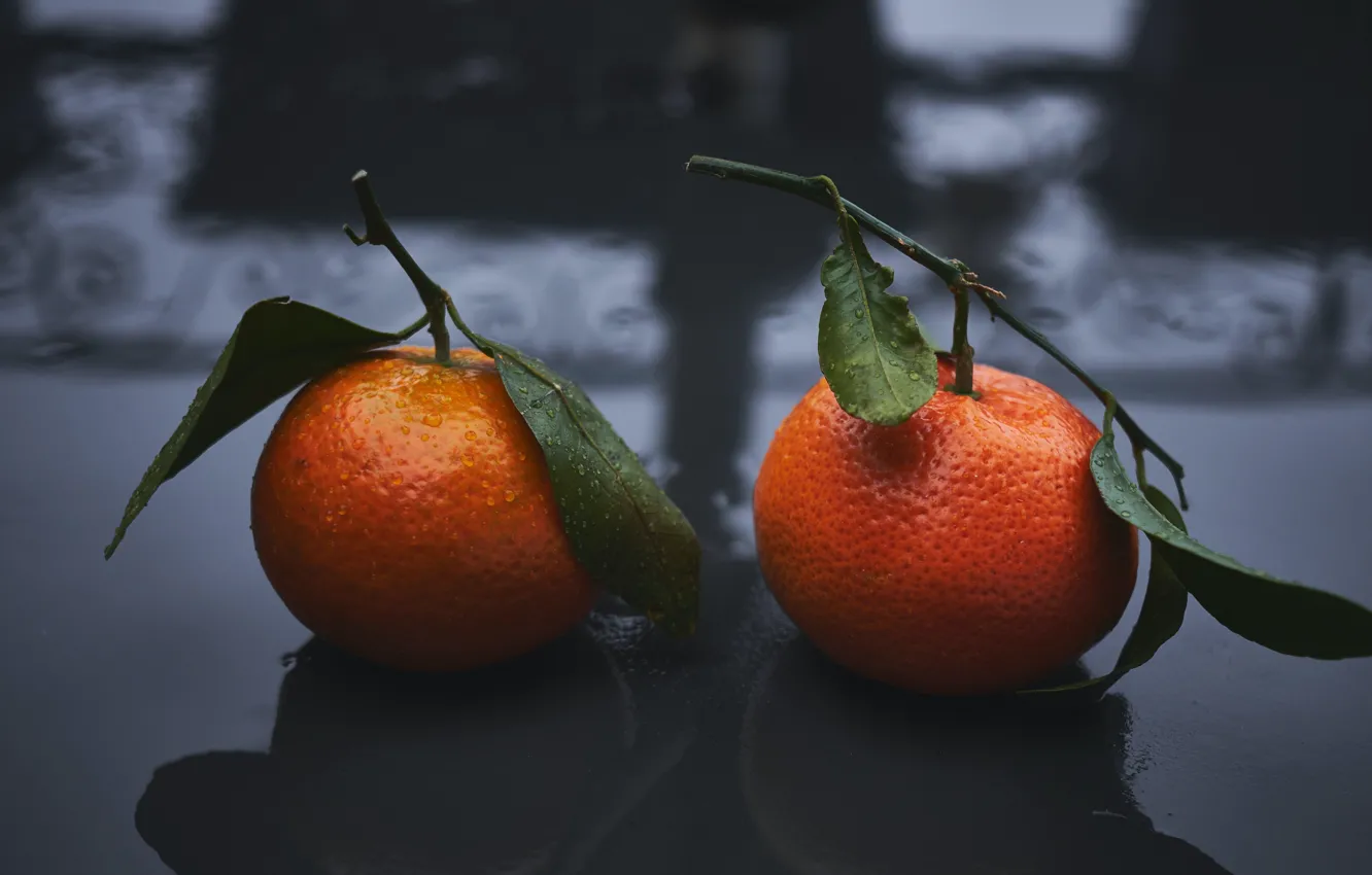 Photo wallpaper drops, reflection, the dark background, two, pair, Duo, bokeh, tangerines
