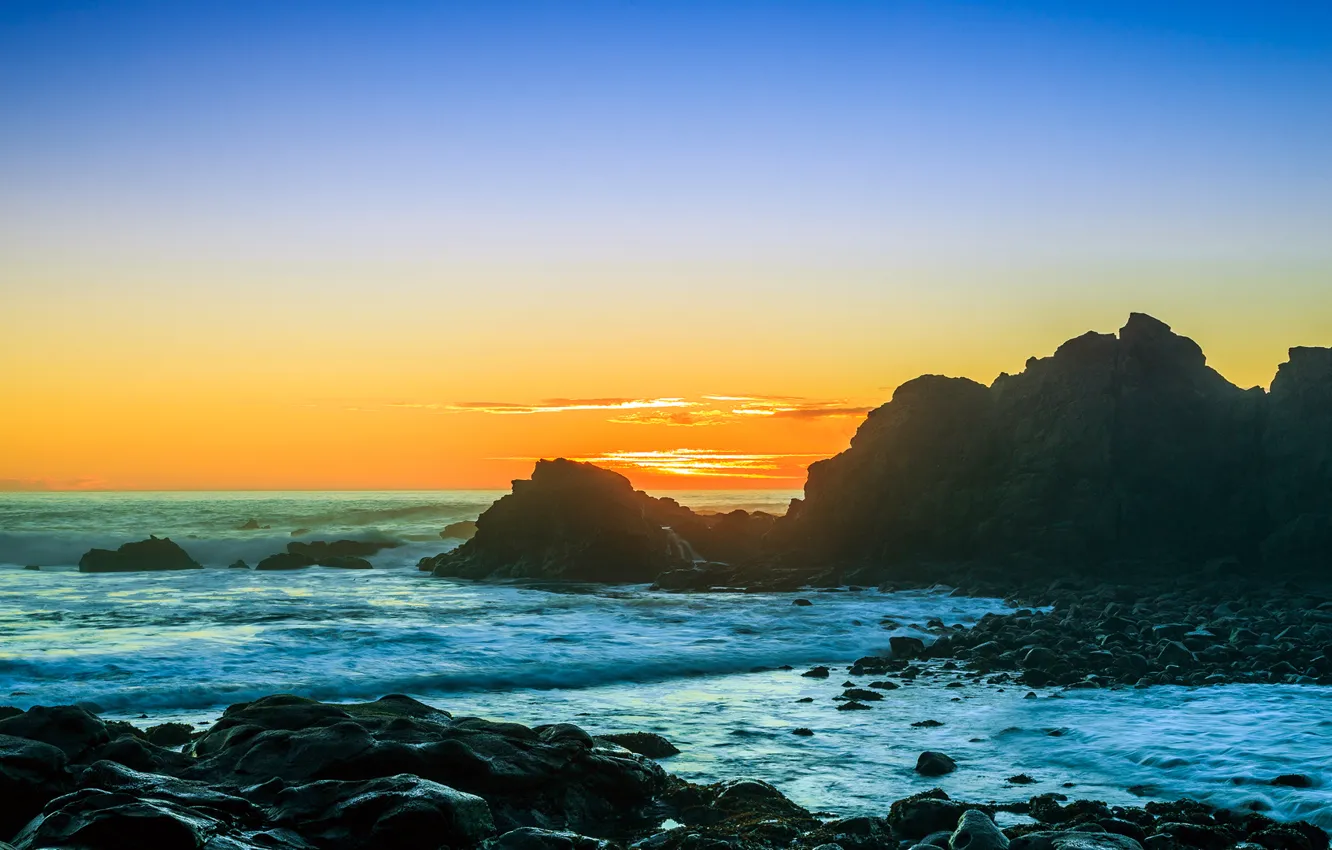 Photo wallpaper sea, the sky, clouds, sunset, stones, rocks