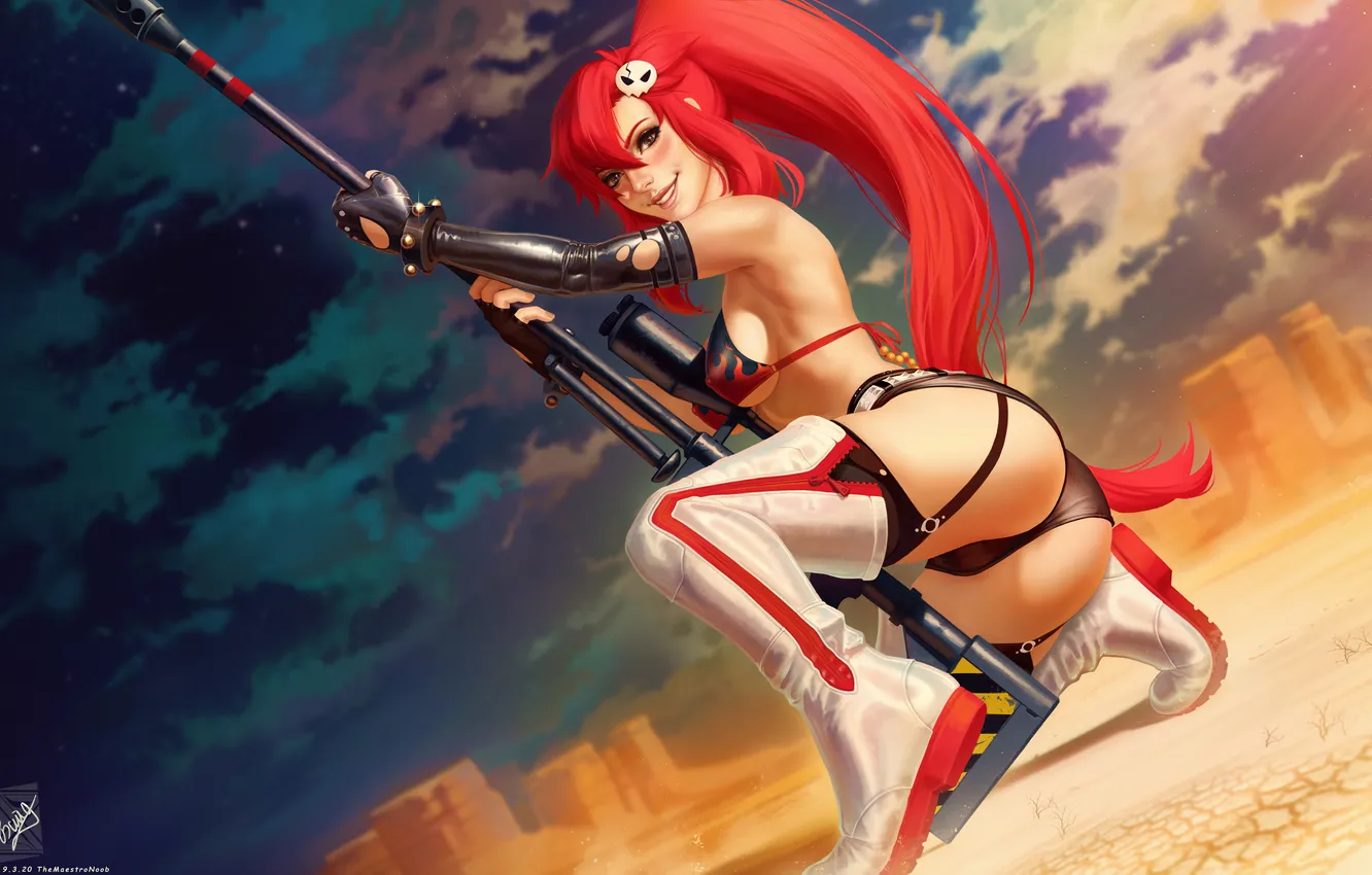 Photo wallpaper ass, anime, ponytail, redhead, distributed by mattel and nintendo violence gurren lagann, girls with guns, …
