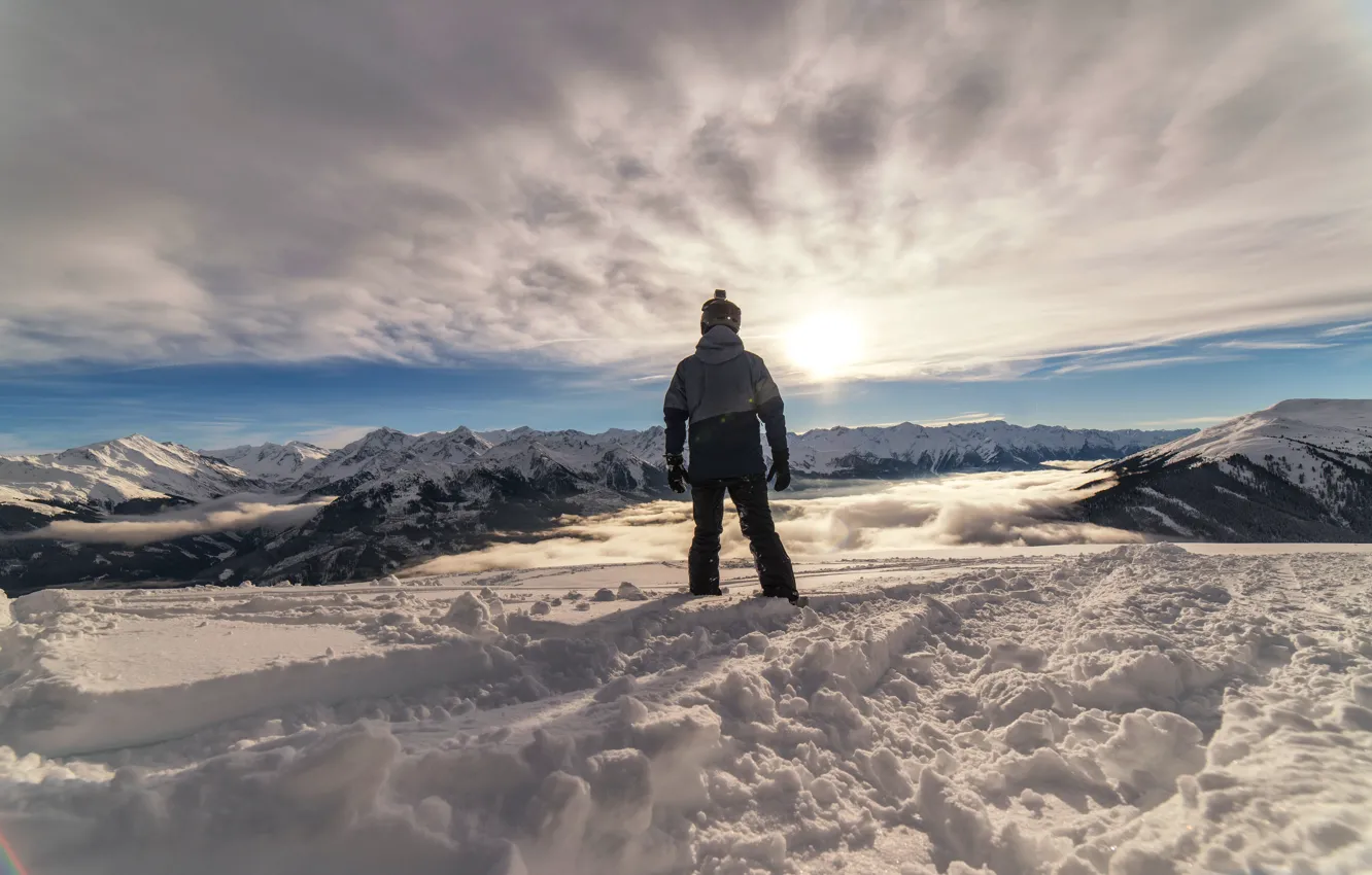 Photo wallpaper winter, clouds, snow, mountains