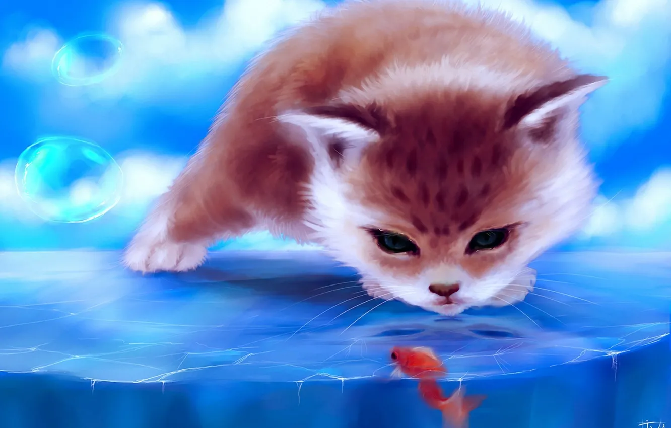 Photo wallpaper ice, cat, fish, bubbles, fish, art