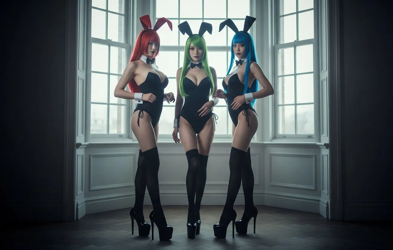 Photo wallpaper lingerie, redhead, asian, high heels, green hair, bunny ears, Big boobs, blue hair