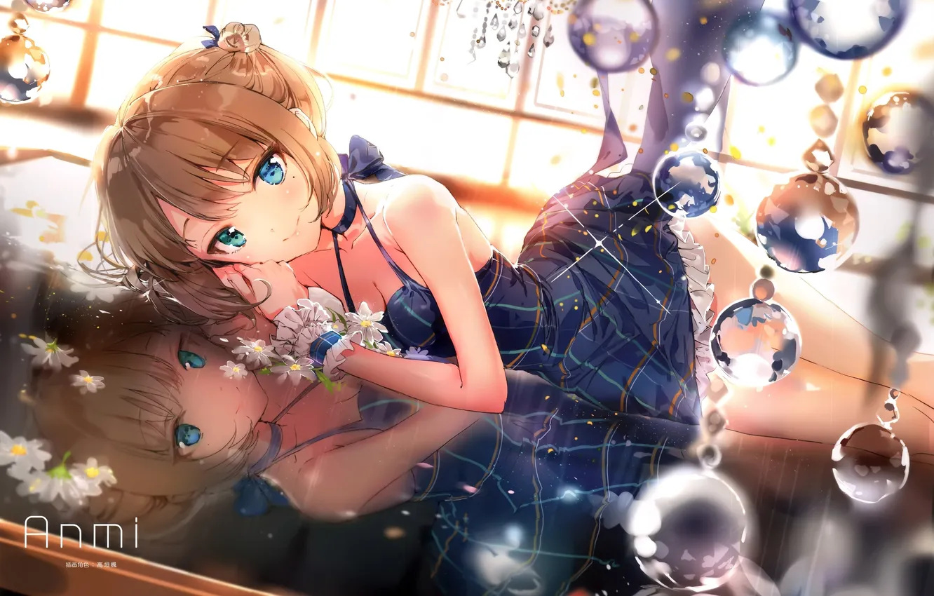 Photo wallpaper girl, decoration, flowers, smile, reflection, balls, anime, art