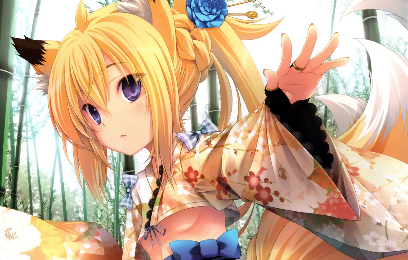 Photo wallpaper forest, chest, girl, flowers, roses, anime, bamboo, art