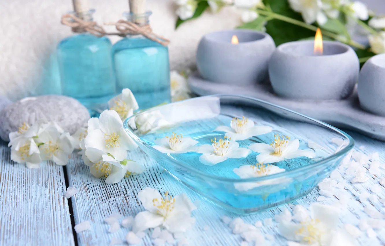 Photo wallpaper water, flowers, oil, candles, bowls