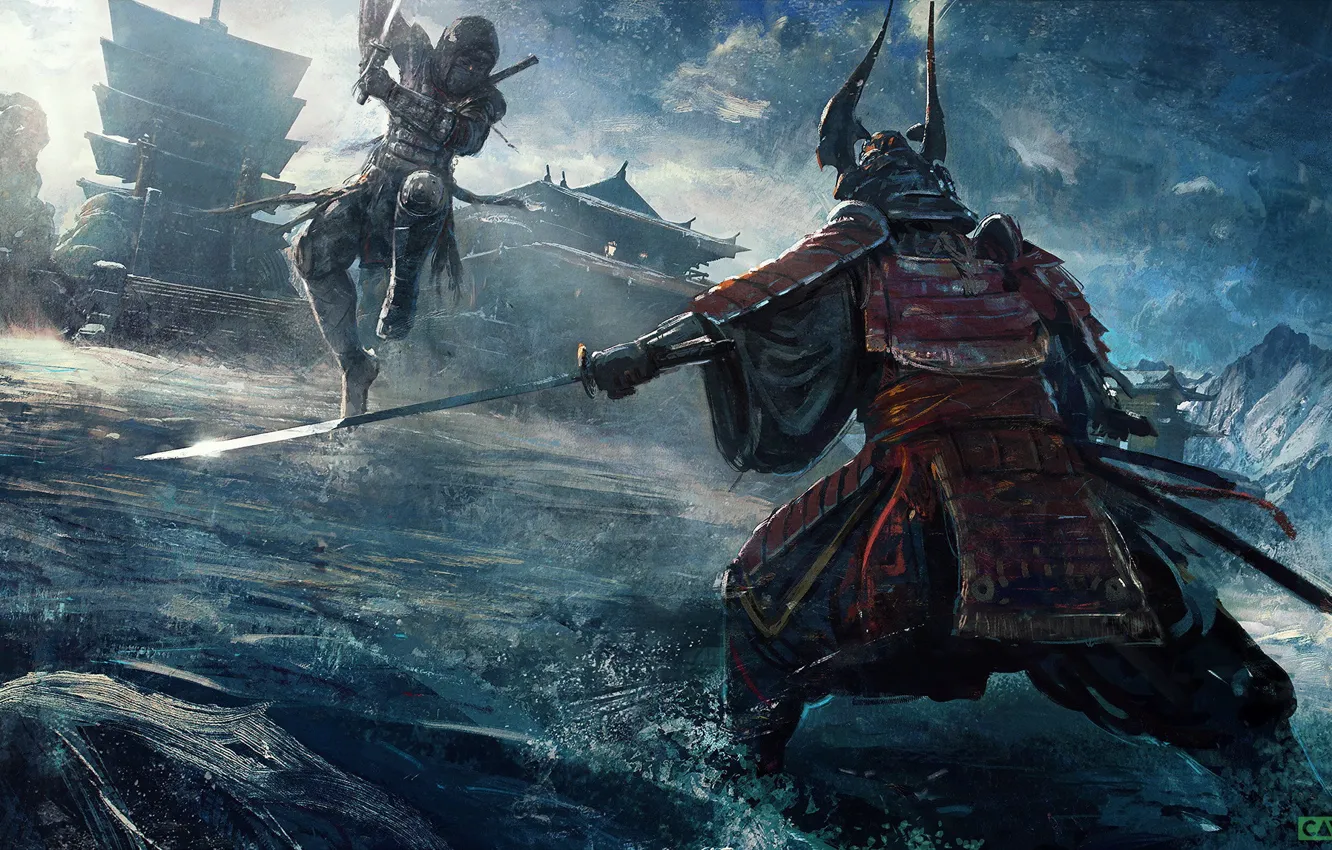 Photo wallpaper katana, armor, helmet, the fight, samurai, samurai, samurai battle, by Saby Menyhei