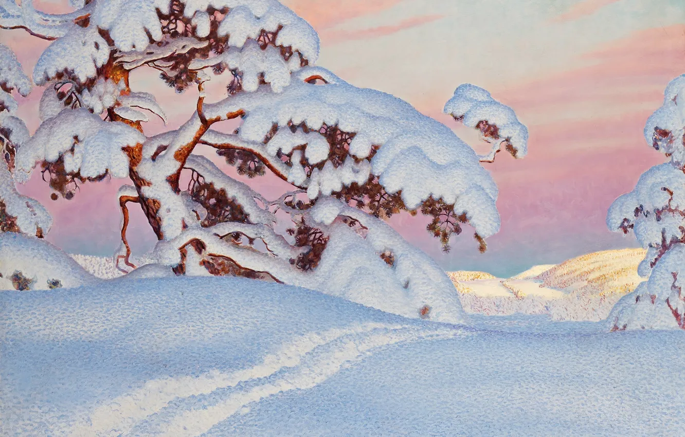 Photo wallpaper snow, trail, pine, Gustaf Fjaestad зима
