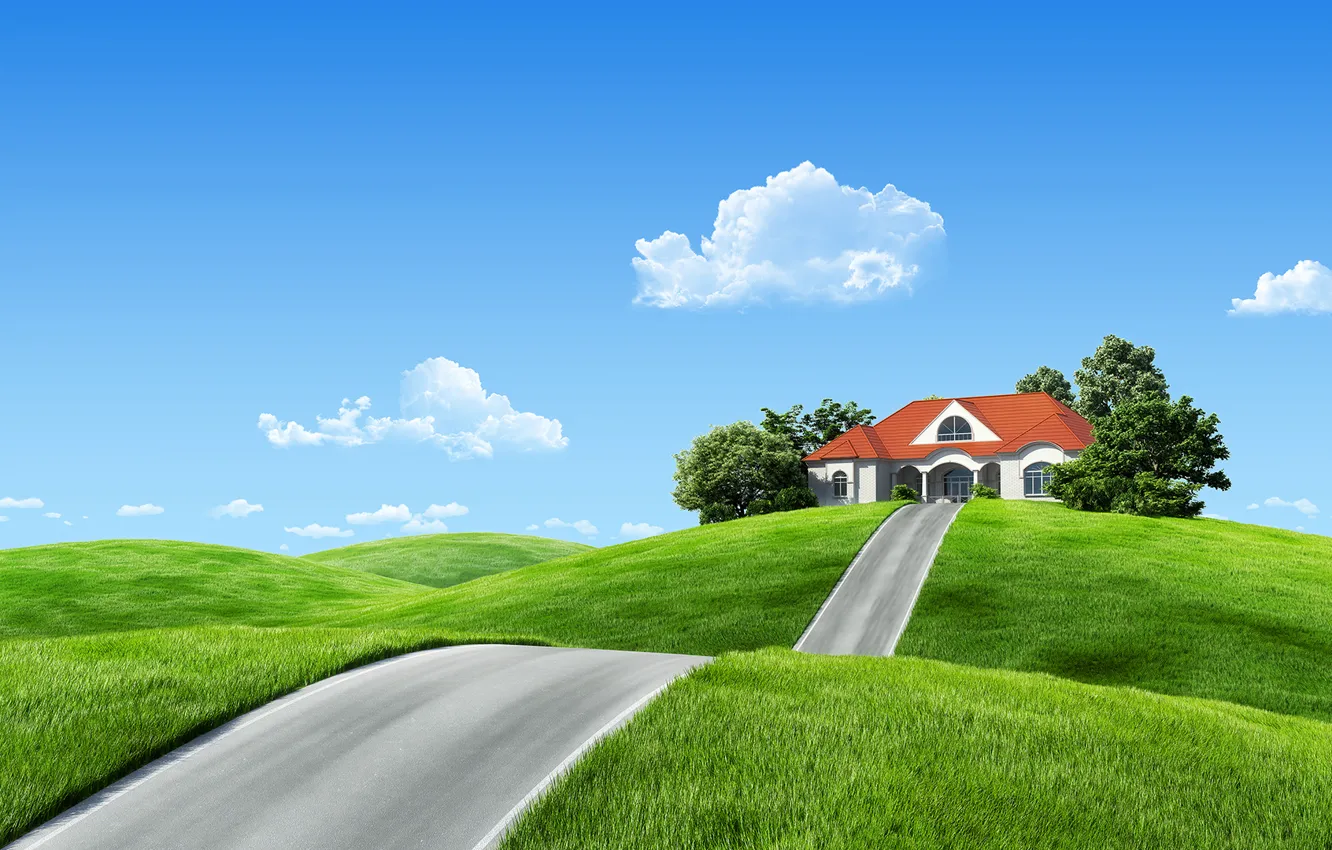 Photo wallpaper road, clouds, landscape, nature, home, fantasy, house, fantasy