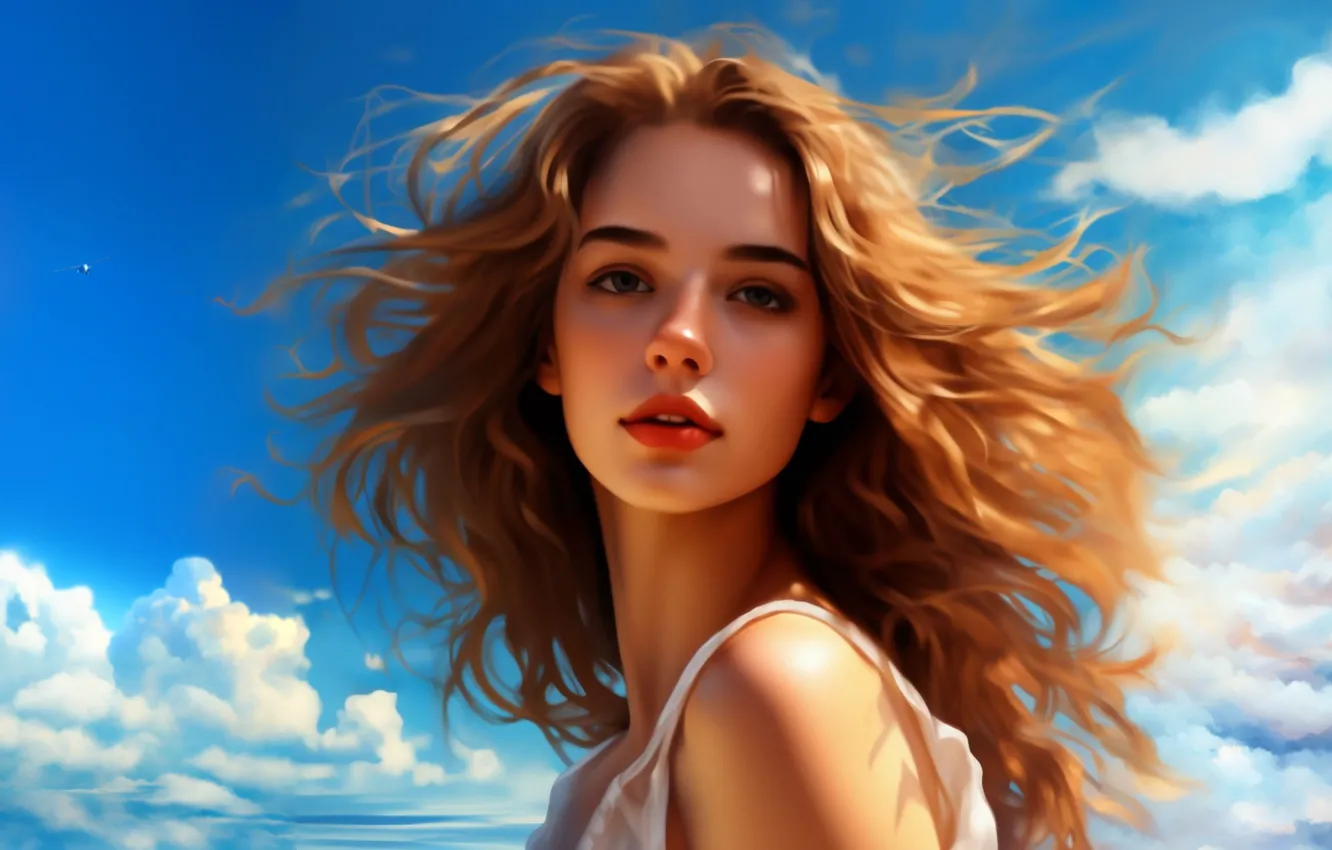 Photo wallpaper summer, the sky, girl, clouds, landscape, nature, the wind, hair
