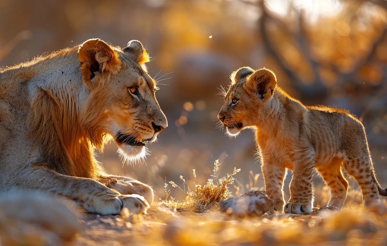Photo wallpaper Leo, cub, kitty, two, lioness, big cats, digital art, AI art