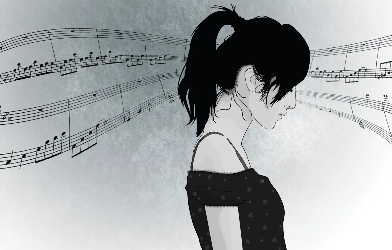 Photo wallpaper girl, face, notes, music, hair, vector, profile, ponytail