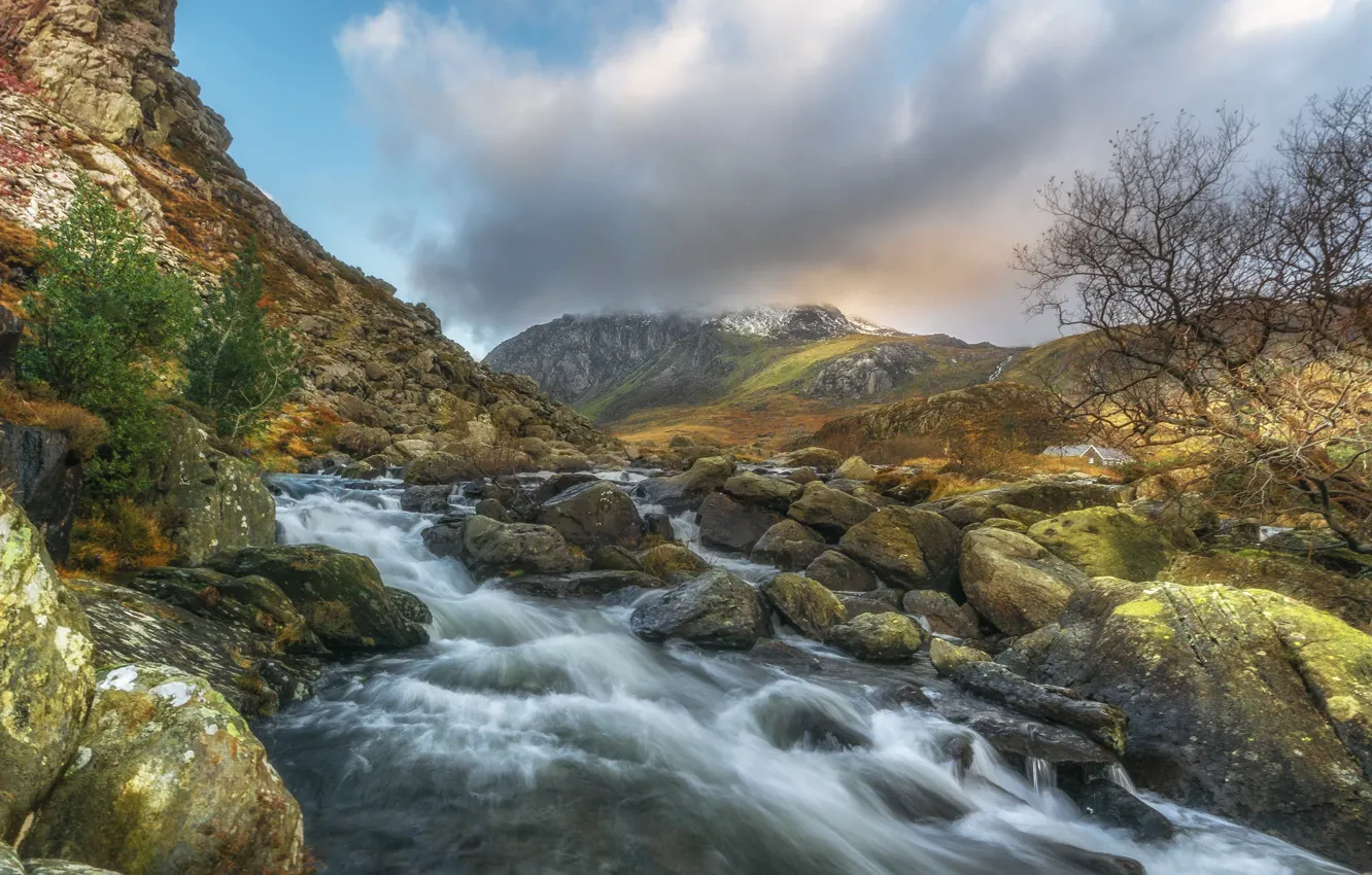 Photo wallpaper stones, river, landscape, Wales, stream, mountains