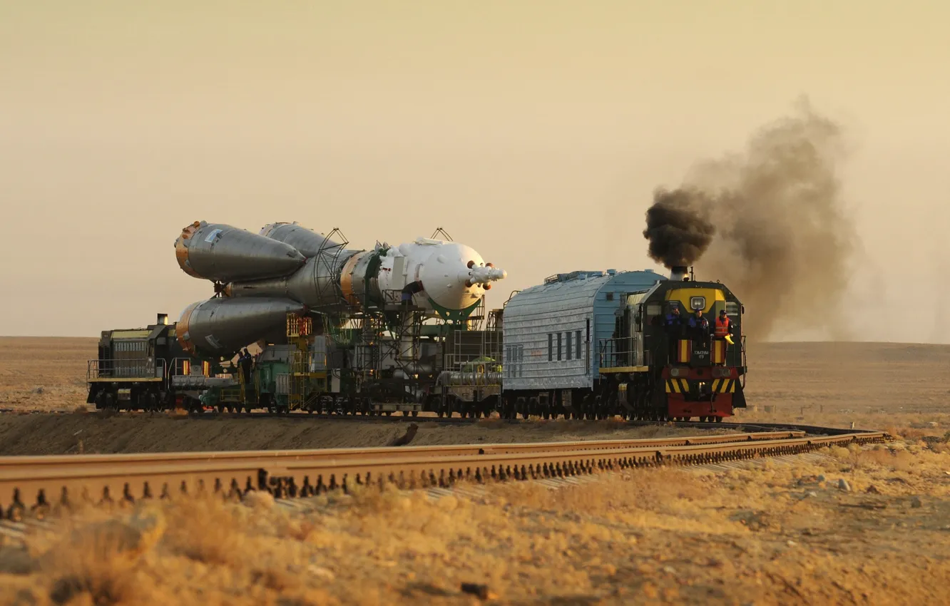 Photo wallpaper Smoke, Locomotive, Space, Train, Rocket, Rails