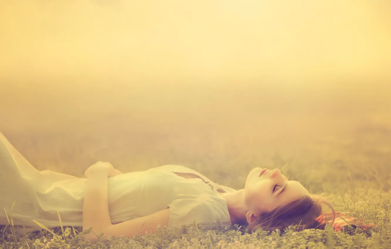 Photo wallpaper field, grass, nature, mood, sleep, dress, brown hair, sundress