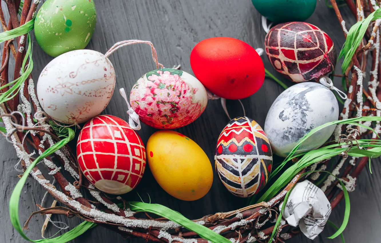 Photo wallpaper eggs, Easter, Holiday, wreath, twigs, Easter, eggs, Holiday