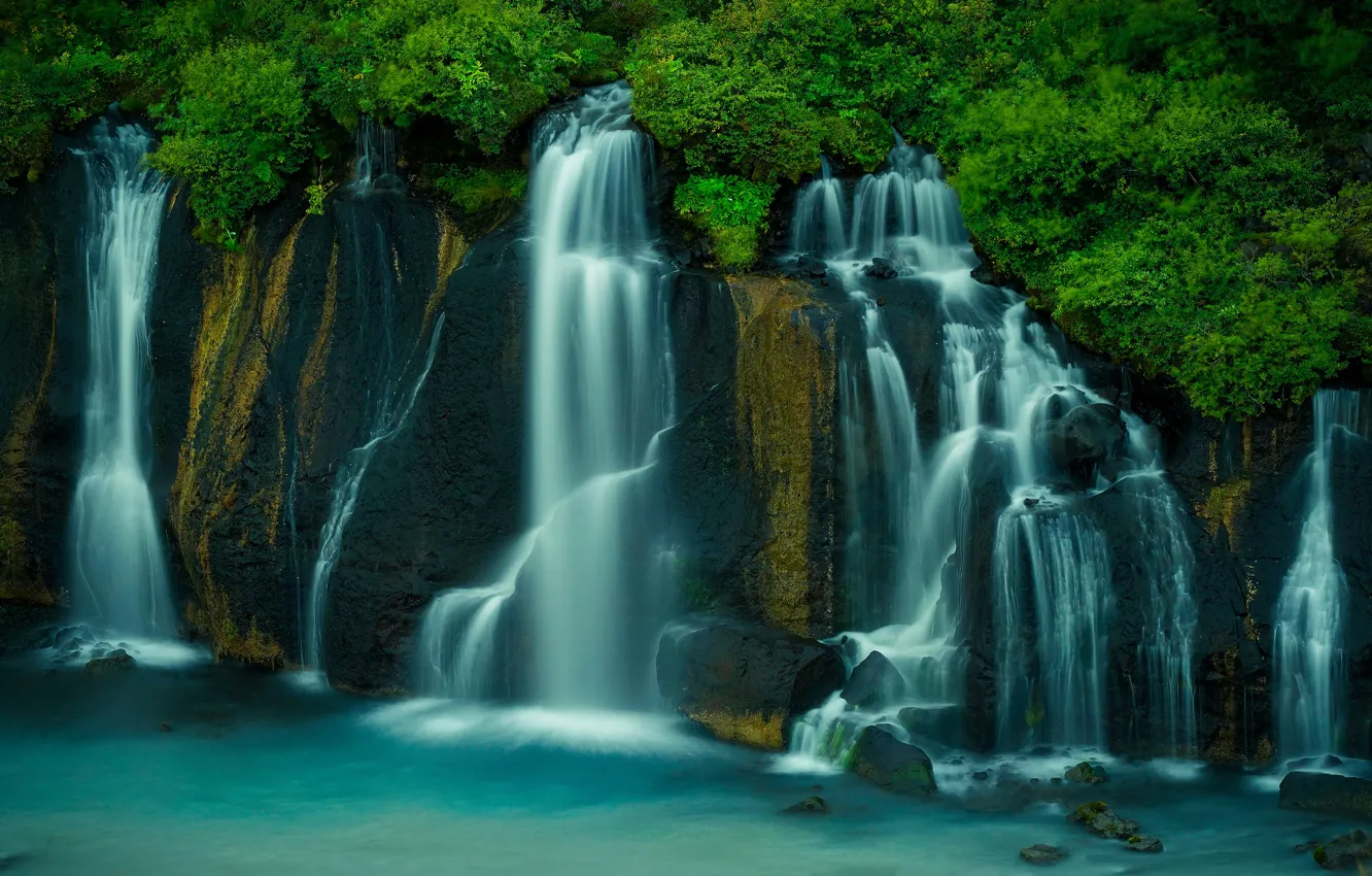 Photo wallpaper rocks, waterfall, stream