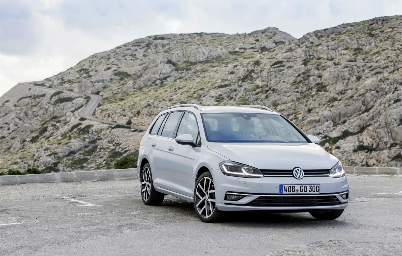 Photo wallpaper mountains, Volkswagen, Playground, universal, 2017, Golf Variant, white-gray