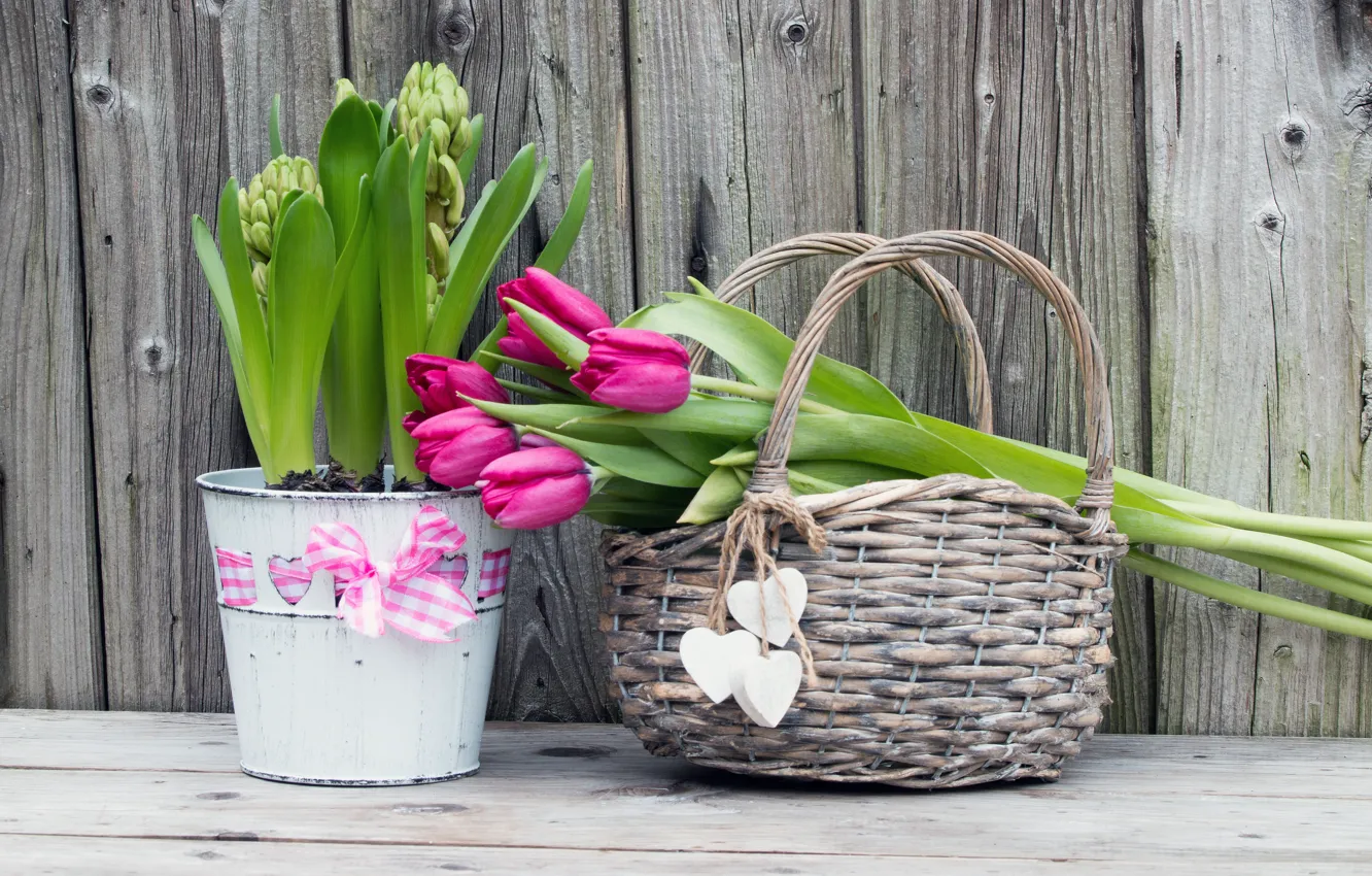 Photo wallpaper flowers, bouquet, tulips, basket, wood, flowers, romantic, hearts