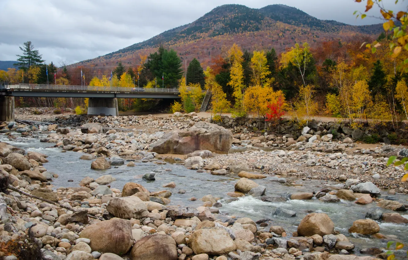 Photo wallpaper autumn, mountains, bridge, stones, colors, trees, bridge, autumn