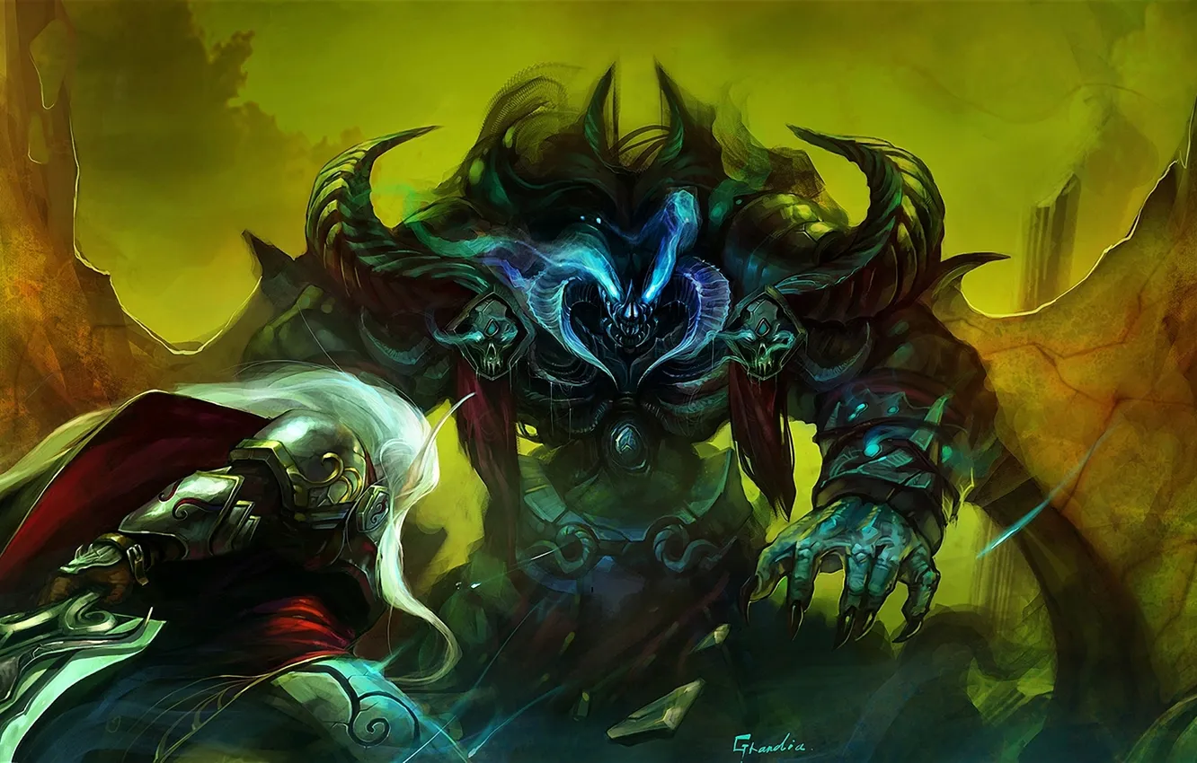 Photo wallpaper elf, wings, sword, armor, the demon, art, blow, horns