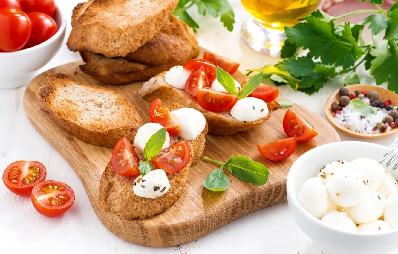 Photo wallpaper tomatoes, parsley, Basil, mozzarella, bruschetta