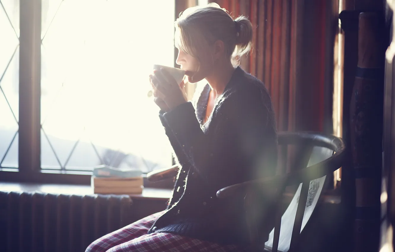 Photo wallpaper girl, tea, home, window