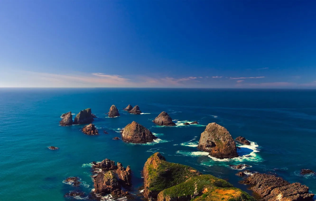 Photo wallpaper sea, the sky, grass, landscape, stones, the ocean, rocks