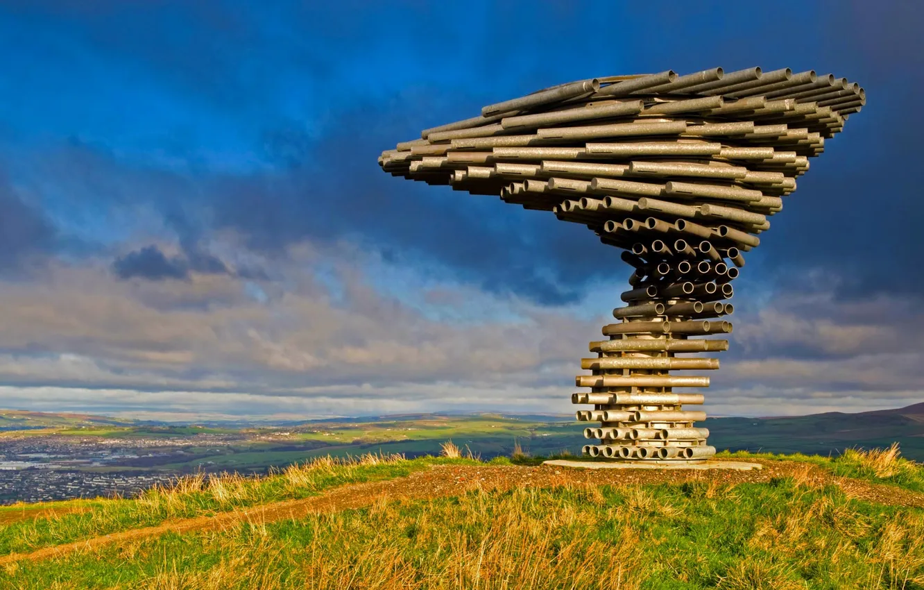 Photo wallpaper grass, hills, England, Singing Ringing Tree, Lancashire, Burnley