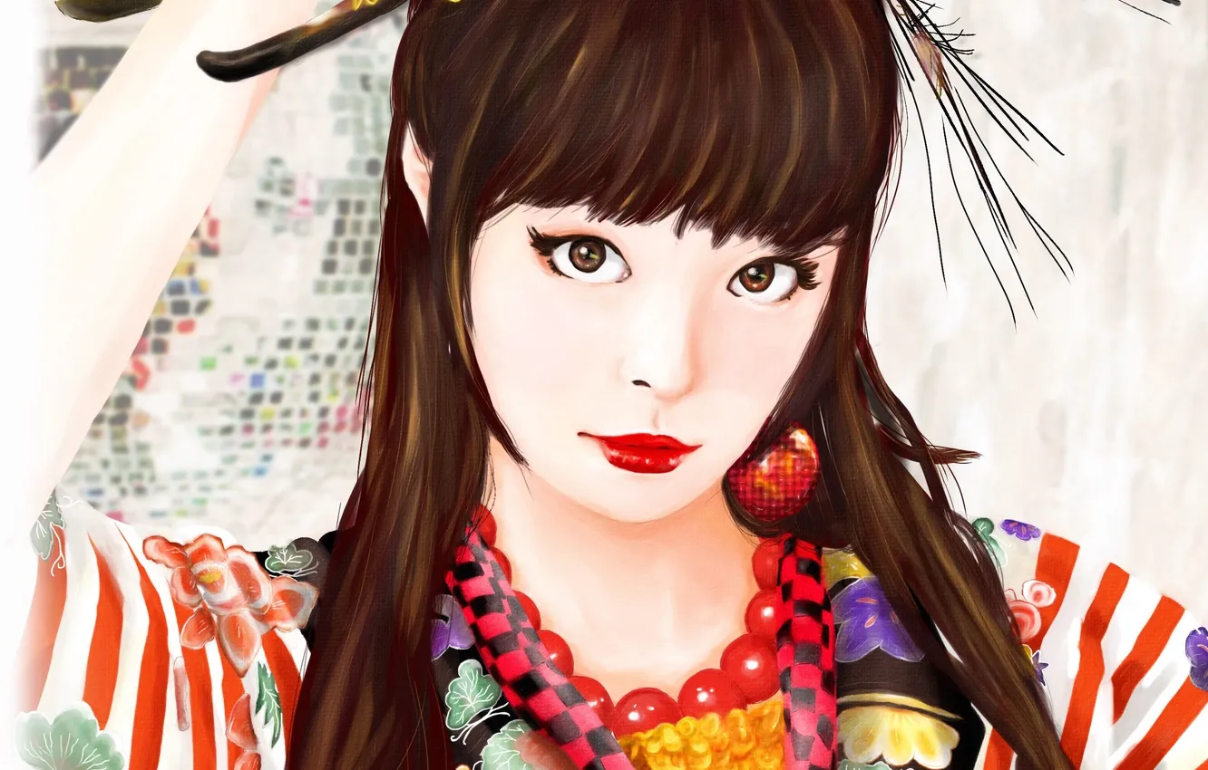 Photo wallpaper look, girl, arrows, makeup, art, beads, Asian, painting