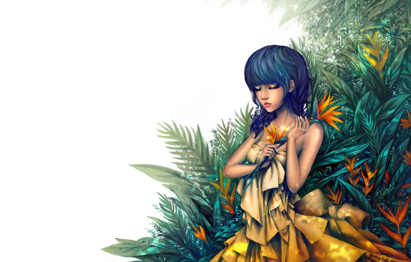Photo wallpaper girl, face, plants, art, white background, painting, closed eyes, yellow dress