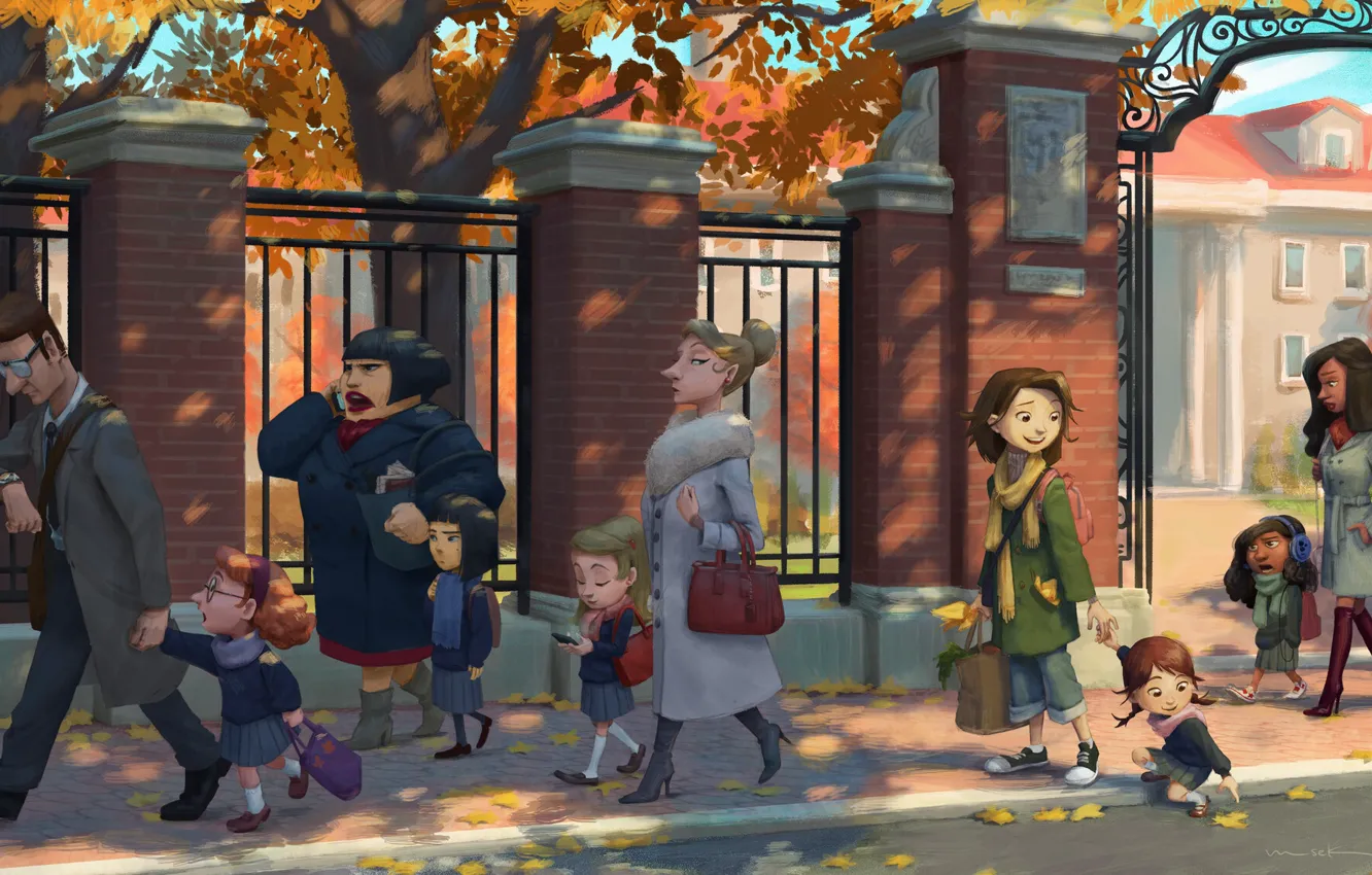 Photo wallpaper autumn, children, school, parents