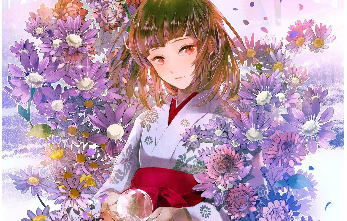 Photo wallpaper girl, priestess, red eyes, Japanese clothing, chrysanthemum, glass globe, bangs