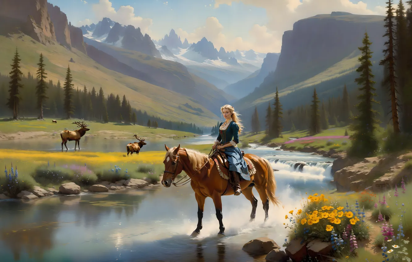 Photo wallpaper girl, landscape, mountains, river, horse, deer, blonde, AI art