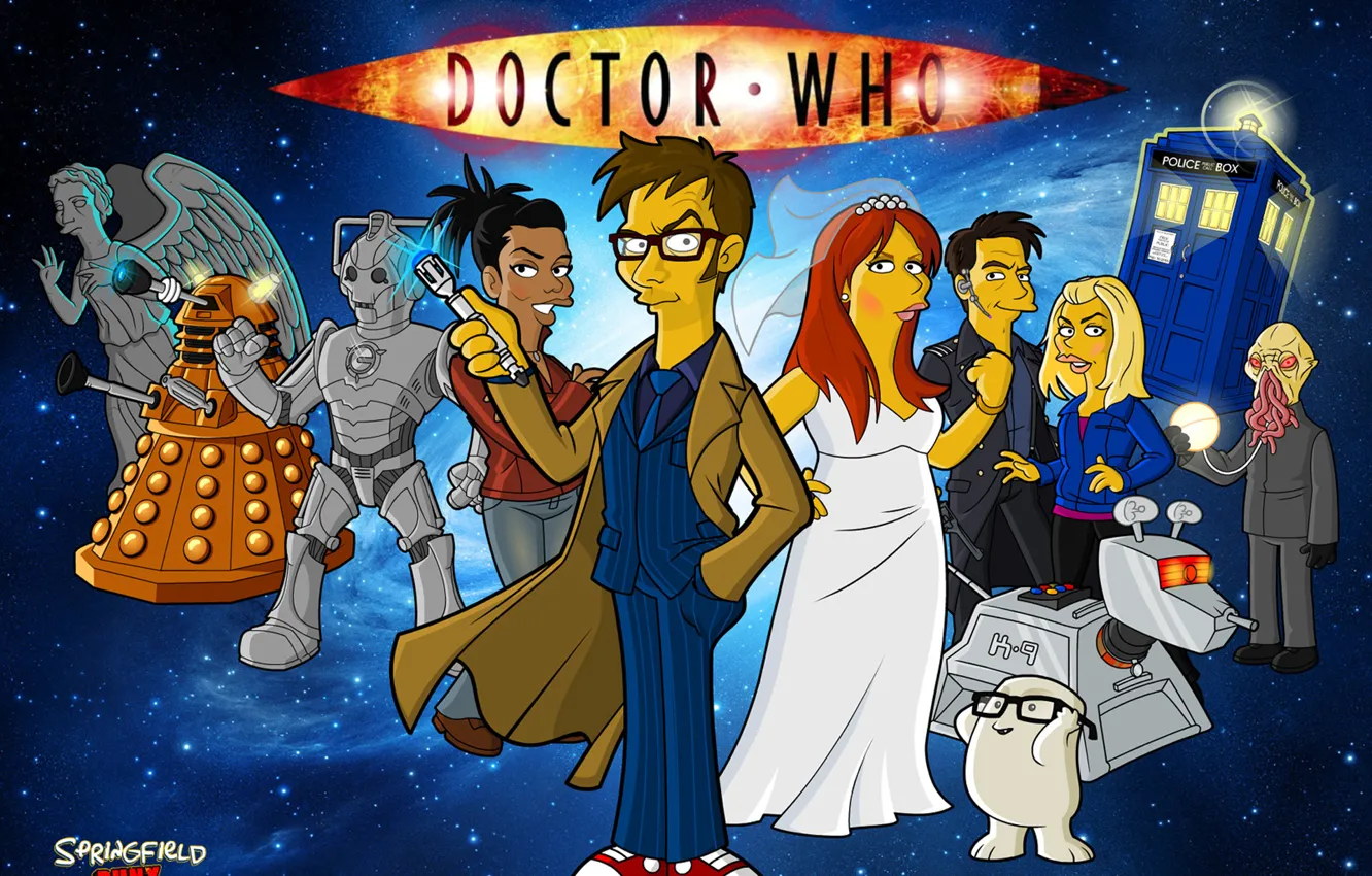 Photo wallpaper space, stars, The simpsons, parody, Doctor Who, characters, Doctor Who, The Simpsons