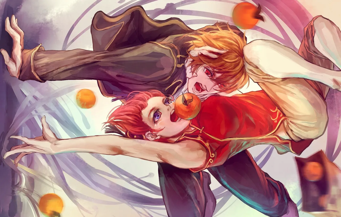 Photo wallpaper oranges, hands, package, fight, vortex, red, two, Okita Souji