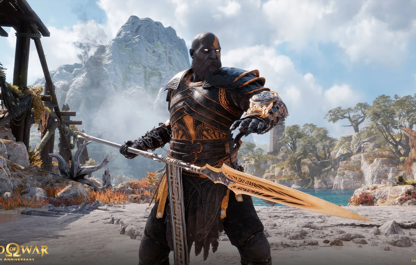 Photo wallpaper sky, god of war, weapon, kratos, sony, cloud, man, blade