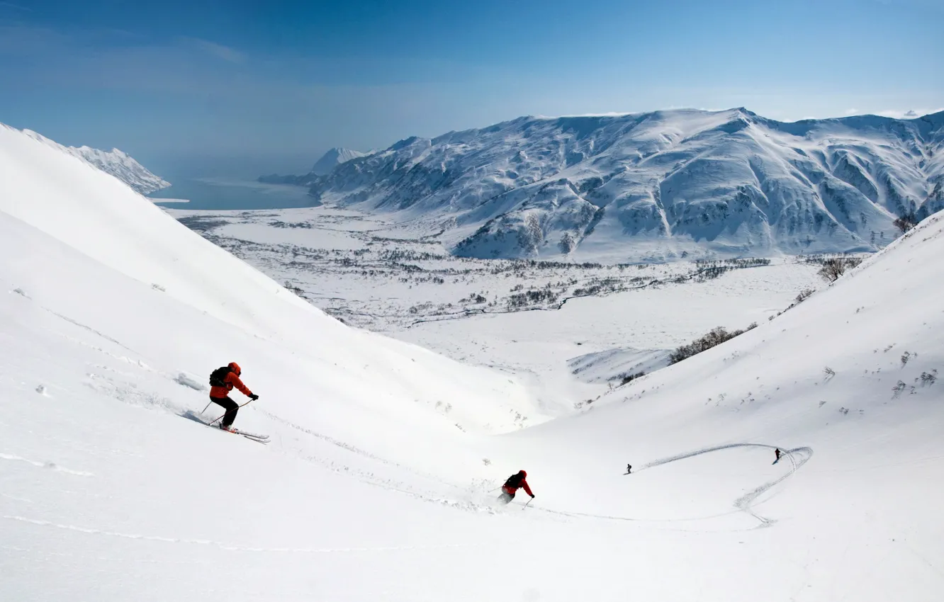 Photo wallpaper snow, mountains, the descent, ski, speed, valley