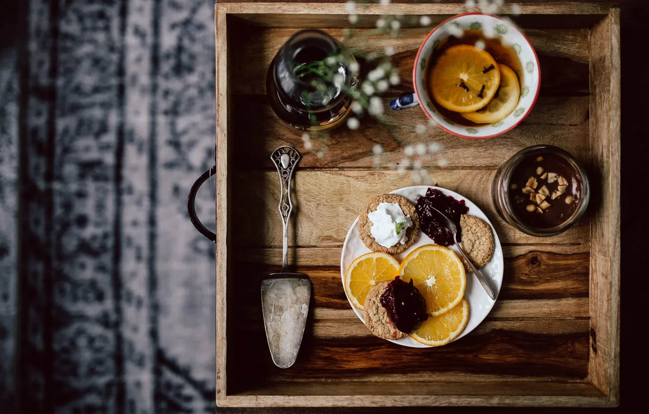Photo wallpaper table, tea, orange, Breakfast, cookies, spoon, Cup, Bank