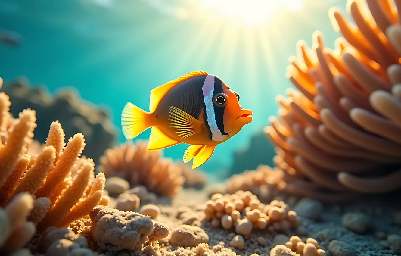 Photo wallpaper sea, water, the sun, rays, light, fish, the bottom, fish