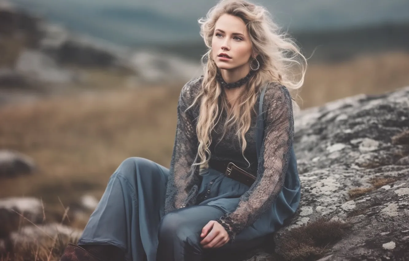 Photo wallpaper field, look, girl, nature, pose, stones, grey, overcast