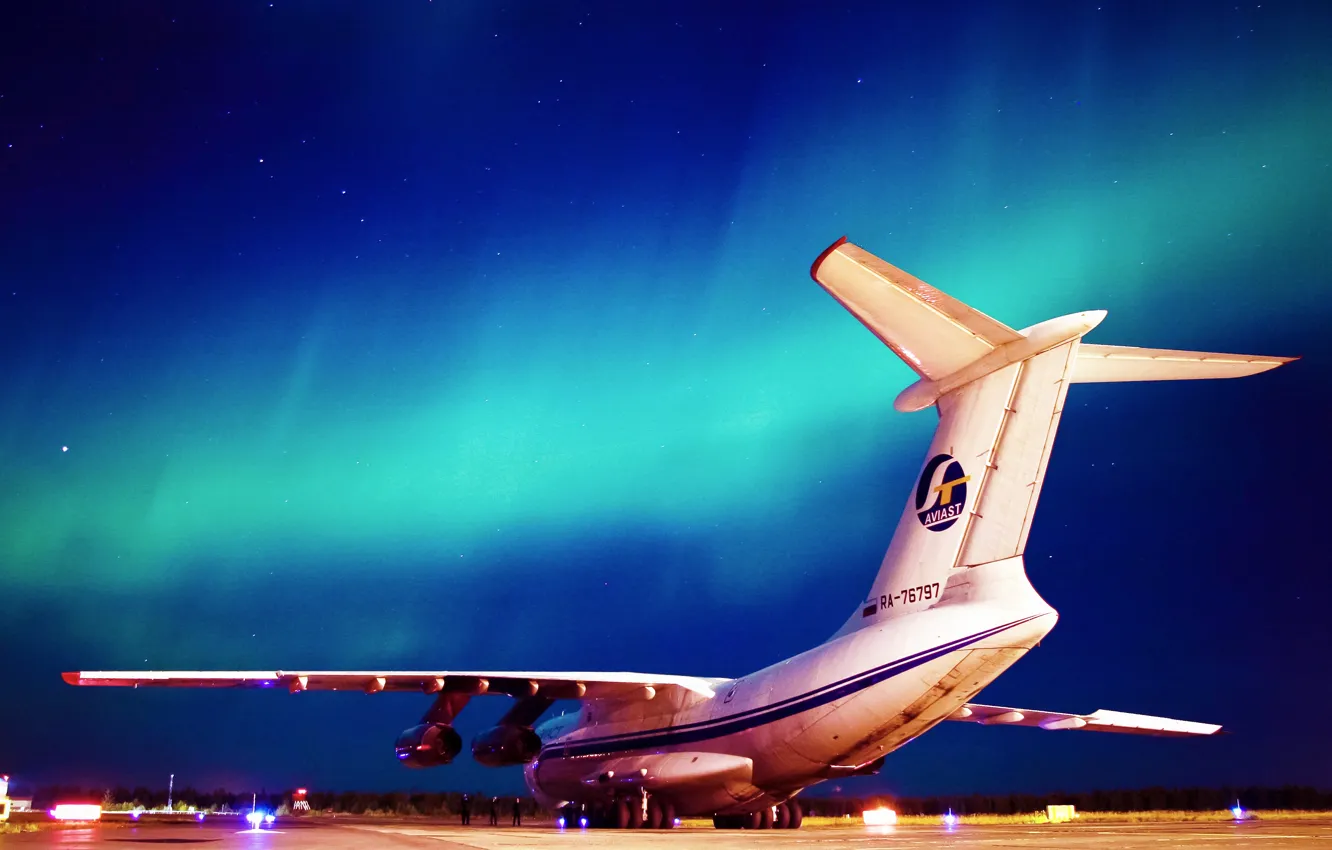Photo wallpaper The sky, Night, Airport, Wings, Lights, Aviation, The Il-76, Ilyushin