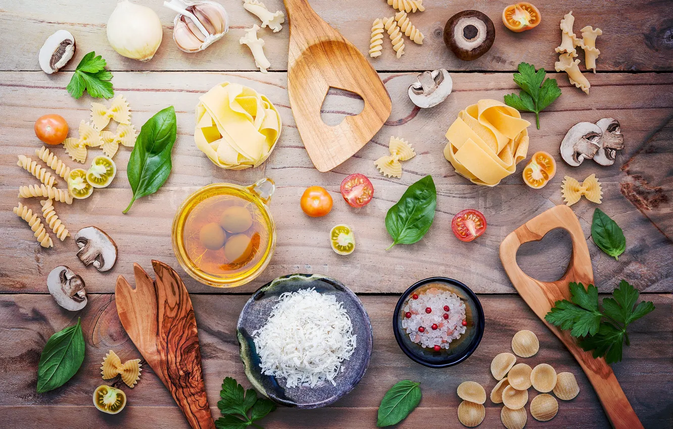 Photo wallpaper greens, mushrooms, Board, oil, bow, bowl, placer, vegetables