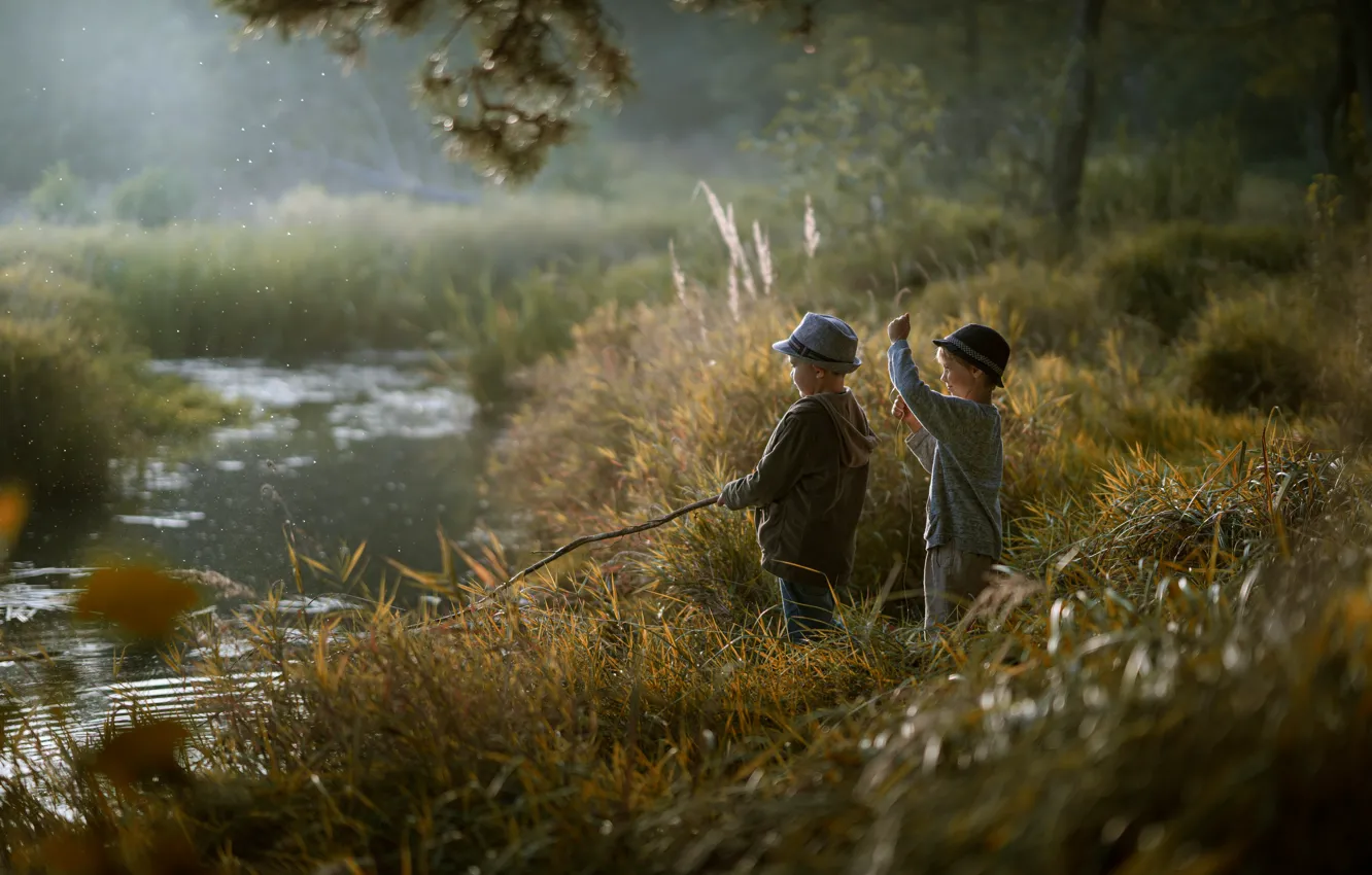 Photo wallpaper children, shore, boy, pond
